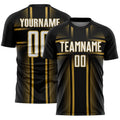 Custom Black White-Old Gold Lines Sublimation Soccer Uniform Jersey