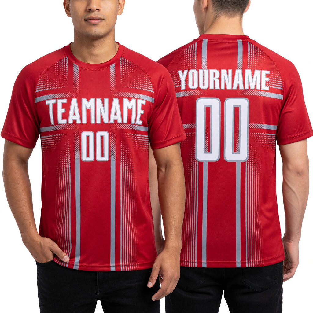 Custom Red White-Gray Lines Sublimation Soccer Uniform Jersey worn front and back