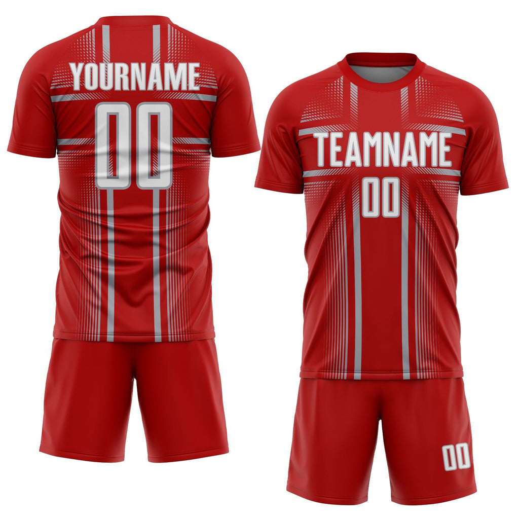 Custom Red White-Gray Lines Sublimation Soccer Uniform Jersey photo 2