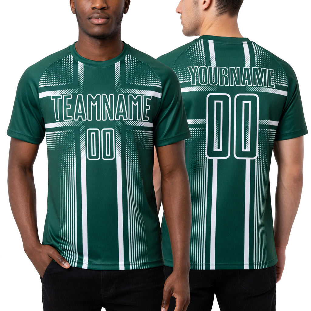Custom Green White Lines Sublimation Soccer Uniform Jersey worn front and back