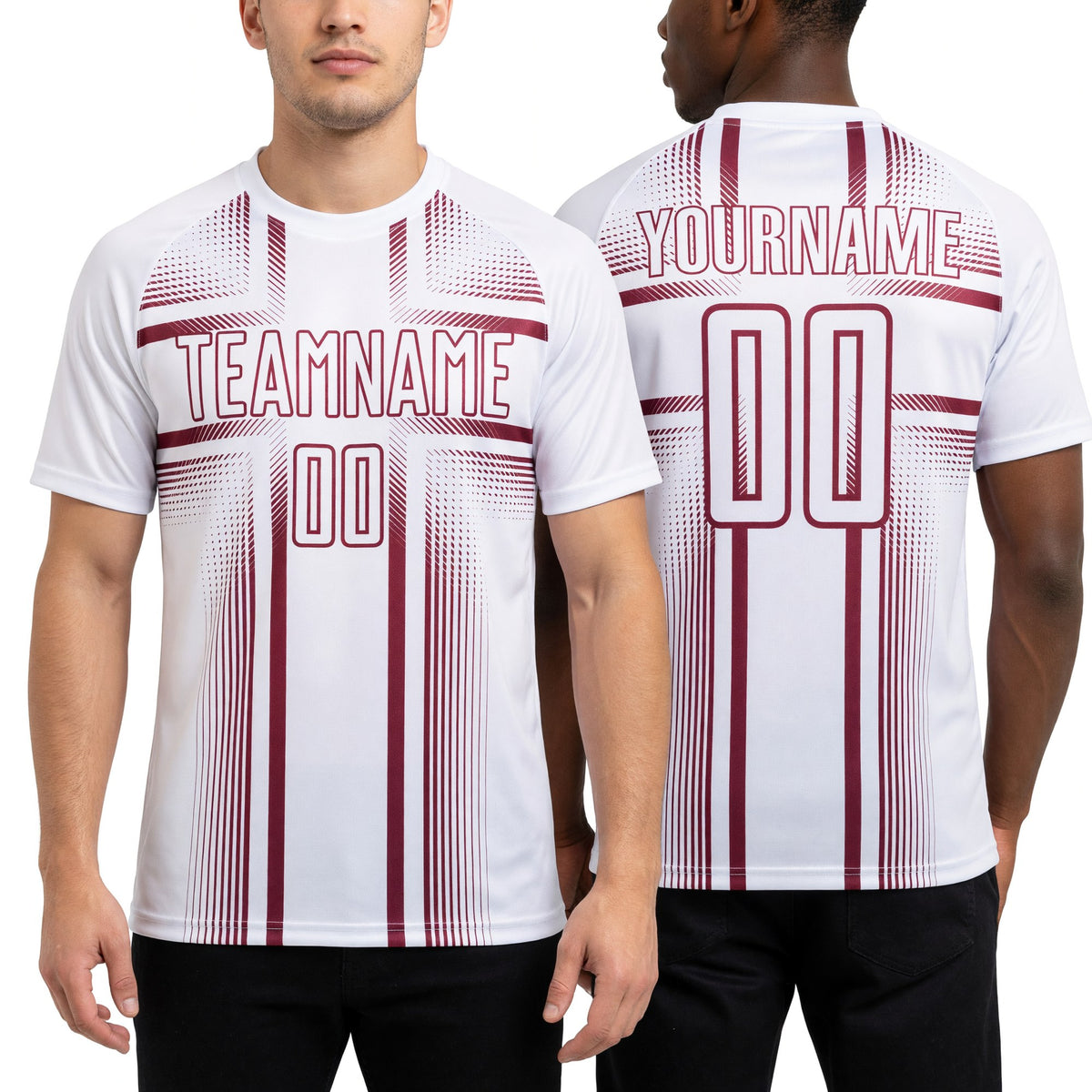 Custom White Burgundy Lines Sublimation Soccer Uniform Jersey worn front and back