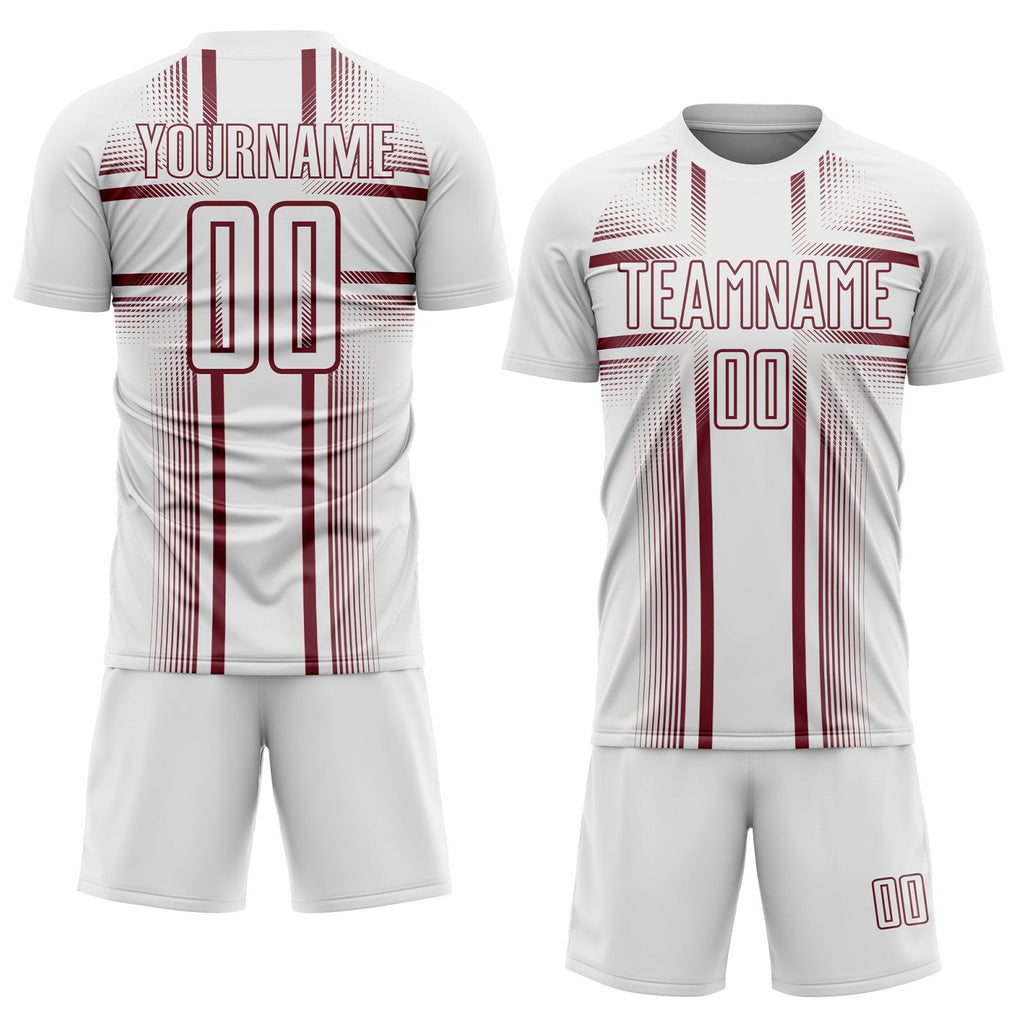 Custom White Burgundy Lines Sublimation Soccer Uniform Jersey photo 2