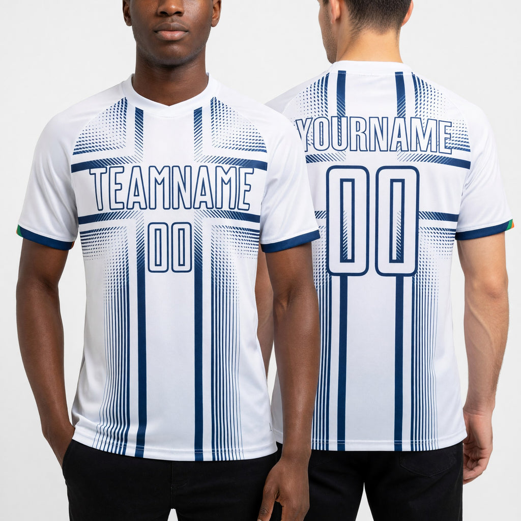 Custom White Navy Lines Sublimation Soccer Uniform Jersey worn front and back