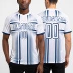 Custom White Navy Lines Sublimation Soccer Uniform Jersey worn front and back