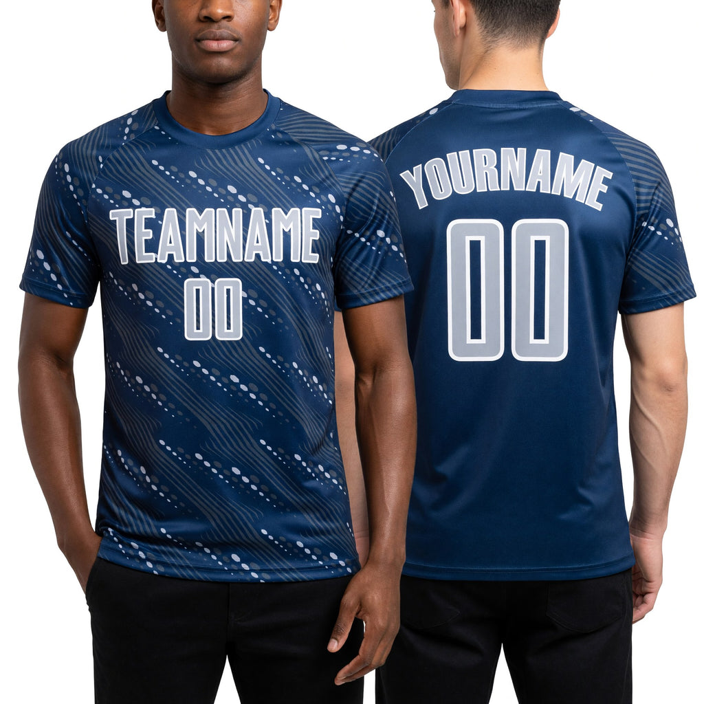 Custom Navy Gray-White Slant Lines Sports Sublimation Soccer Uniform Jersey worn front and back