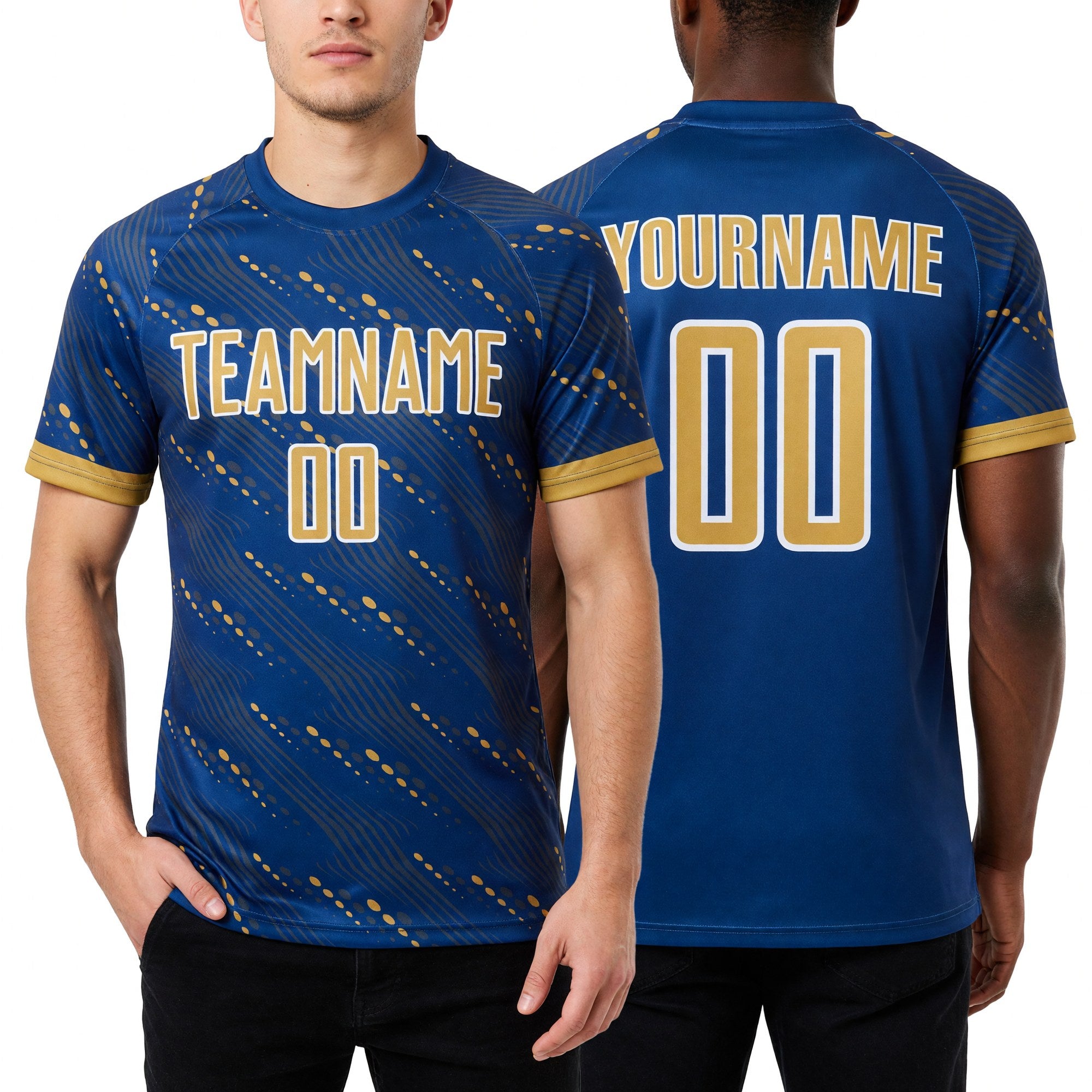 Custom Royal Old Gold-White Slant Lines Sports Sublimation Soccer Uniform Jersey worn front and back