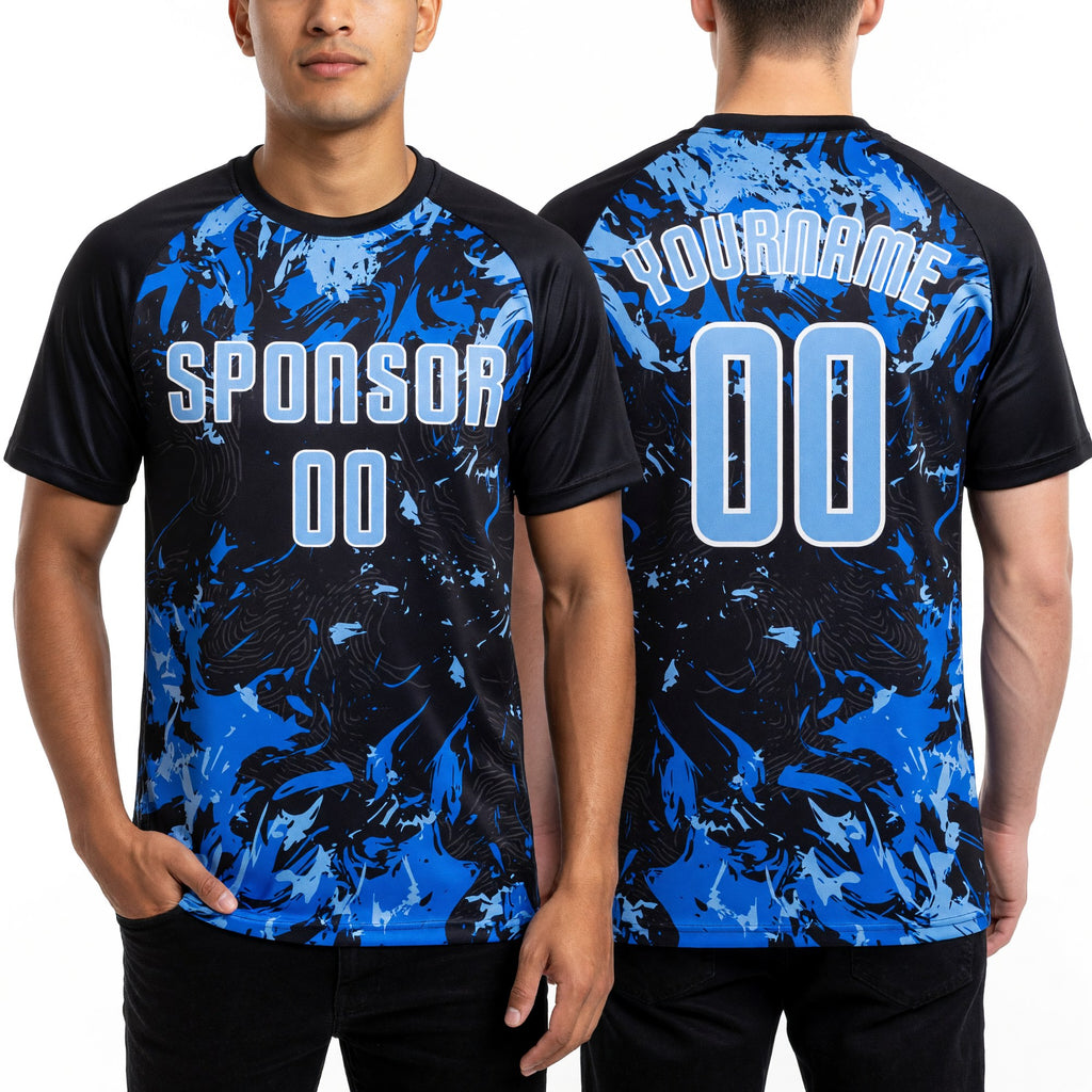 Custom Black Light Blue Royal-White Fluid Art Splash Sublimation Soccer Uniform Jersey worn front and back