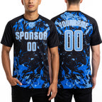 Custom Black Light Blue Royal-White Fluid Art Splash Sublimation Soccer Uniform Jersey worn front and back