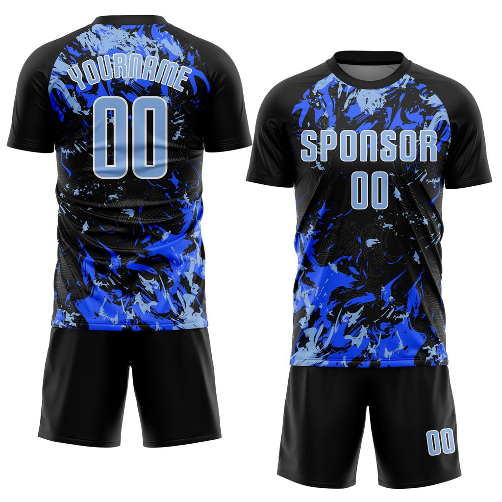 Custom Black Light Blue Royal-White Fluid Art Splash Sublimation Soccer Uniform Jersey photo 2