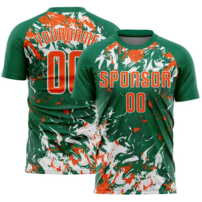 Custom Kelly Green Fluid Art Splash Sublimated Soccer Jersey with Orange and White Lettering