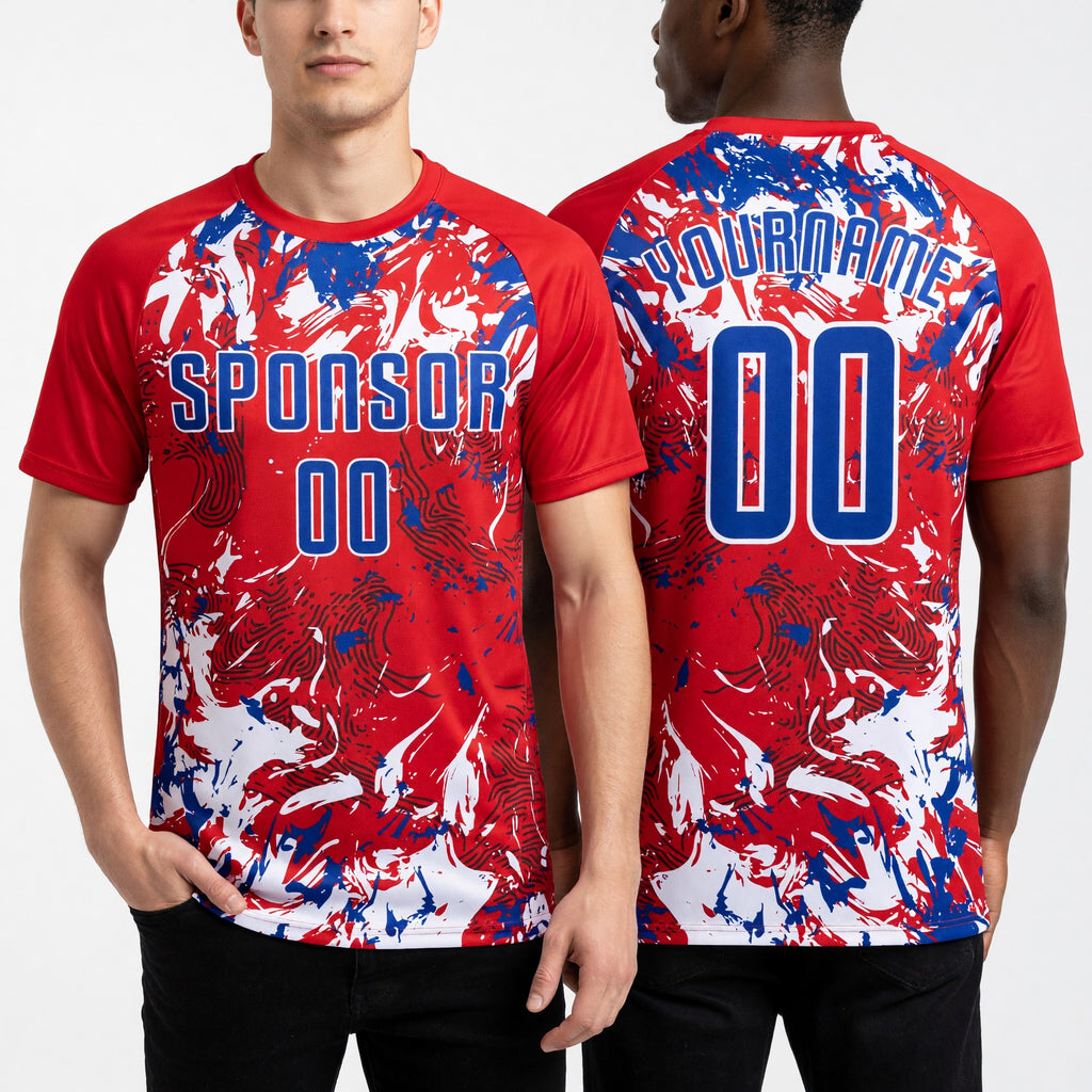 Custom Red Royal-White Fluid Art Splash Sublimation Soccer Uniform Jersey worn front and back