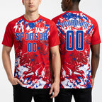 Custom Red Royal-White Fluid Art Splash Sublimation Soccer Uniform Jersey worn front and back