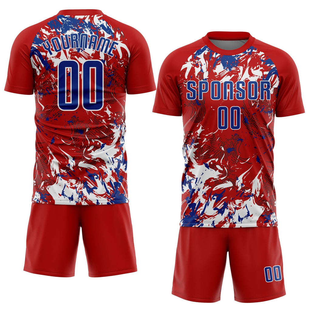 Custom Red Royal-White Fluid Art Splash Sublimation Soccer Uniform Jersey photo 2