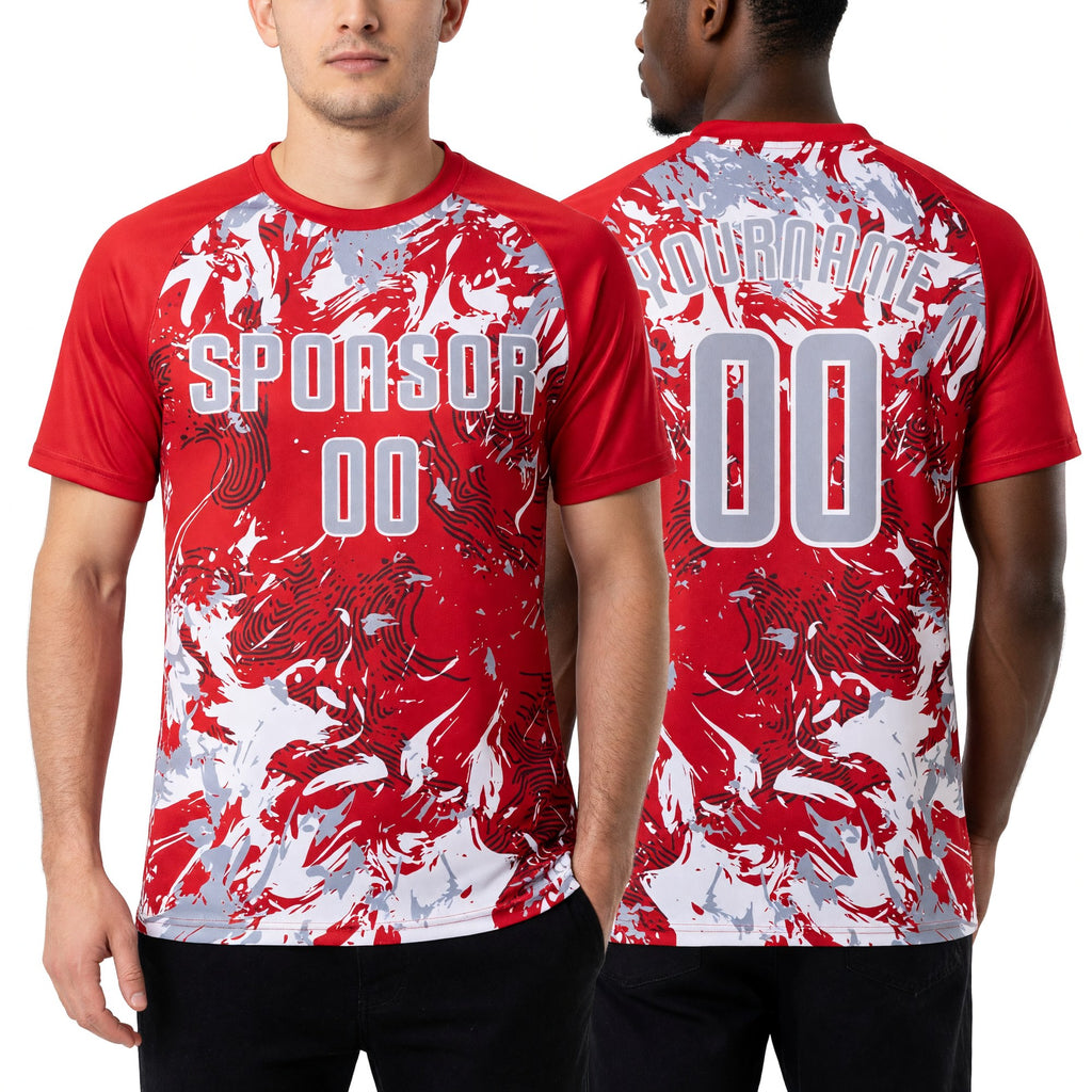 Custom Red Gray-White Fluid Art Splash Sublimation Soccer Uniform Jersey worn front and back