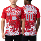 Custom Red Gray-White Fluid Art Splash Sublimation Soccer Uniform Jersey worn front and back