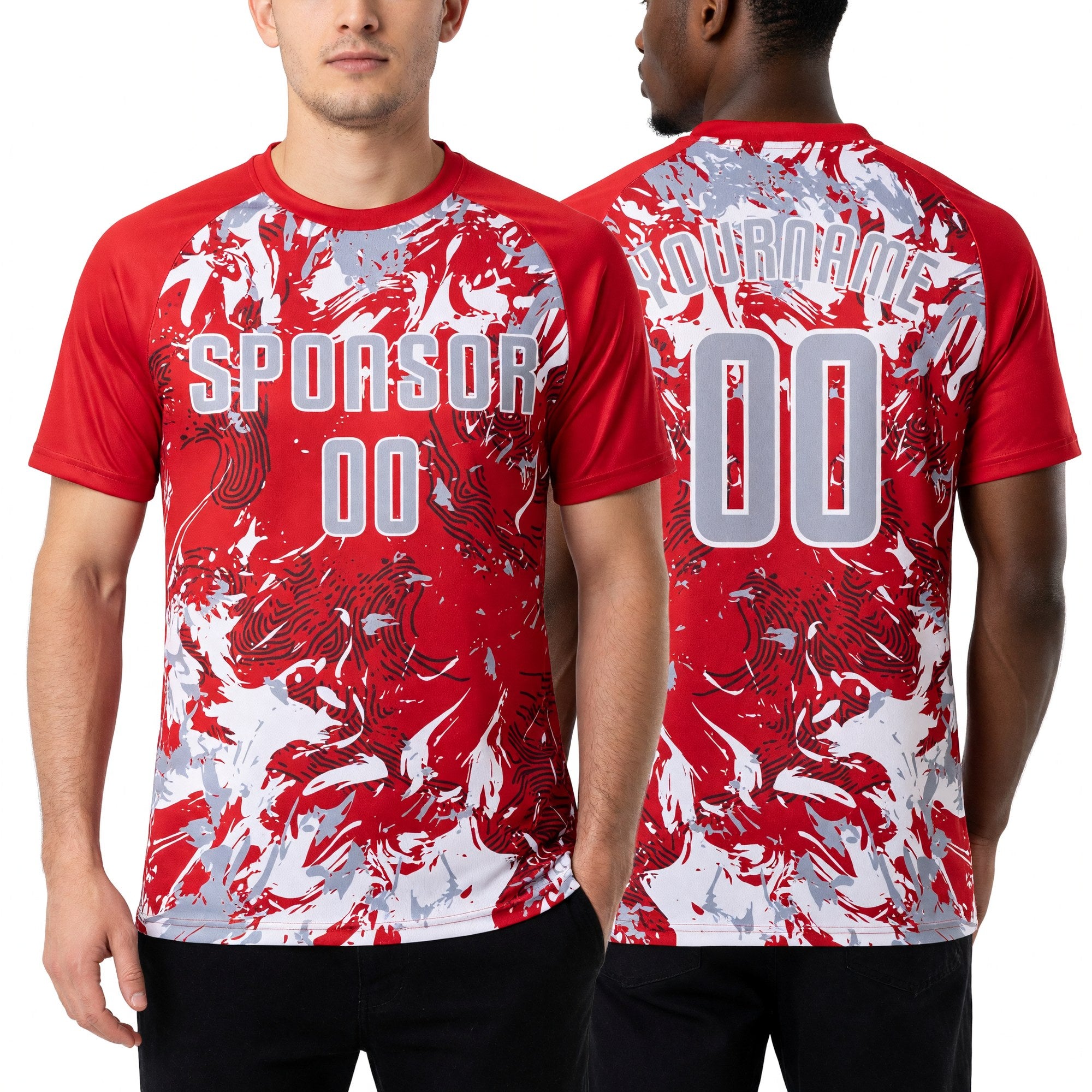 Custom Red Gray-White Fluid Art Splash Sublimation Soccer Uniform Jersey worn front and back