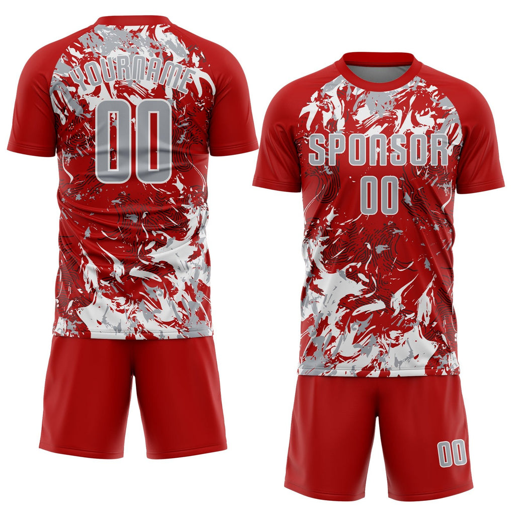 Custom Red Gray-White Fluid Art Splash Sublimation Soccer Uniform Jersey photo 2