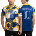 Custom Gold Royal-White Geometric Shape Sublimation Soccer Uniform Jersey worn front and back