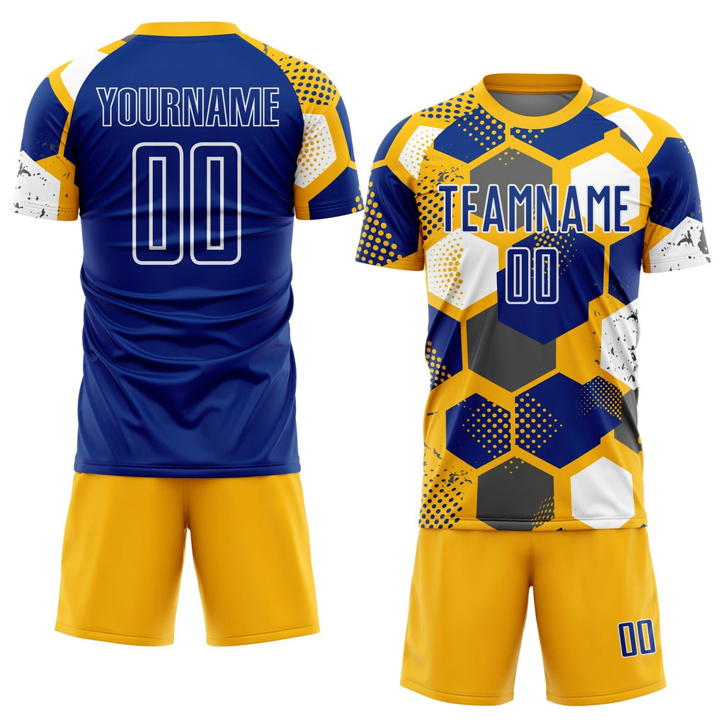 Custom Gold Royal-White Geometric Shape Sublimation Soccer Uniform Jersey photo 2