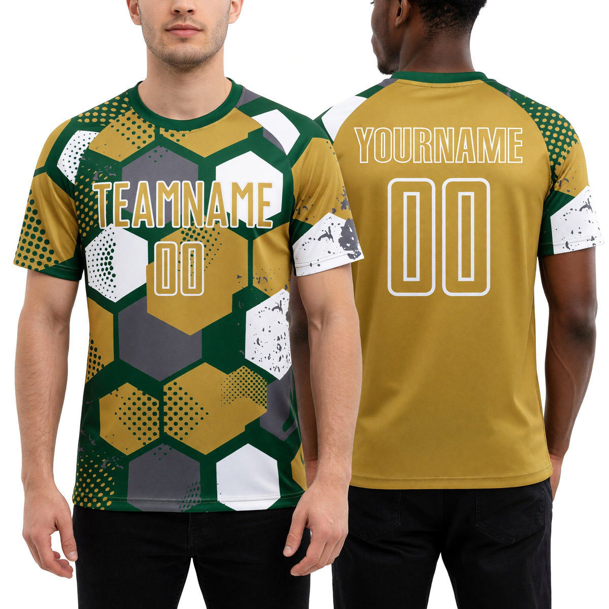 Custom Green Old Gold-White Geometric Shape Sublimation Soccer Uniform Jersey worn front and back