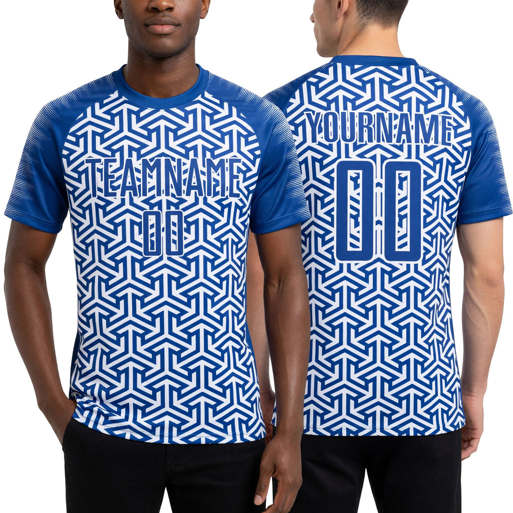 Custom Royal White Geometric Arrow Sublimation Soccer Uniform Jersey worn front and back