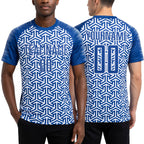 Custom Royal White Geometric Arrow Sublimation Soccer Uniform Jersey worn front and back