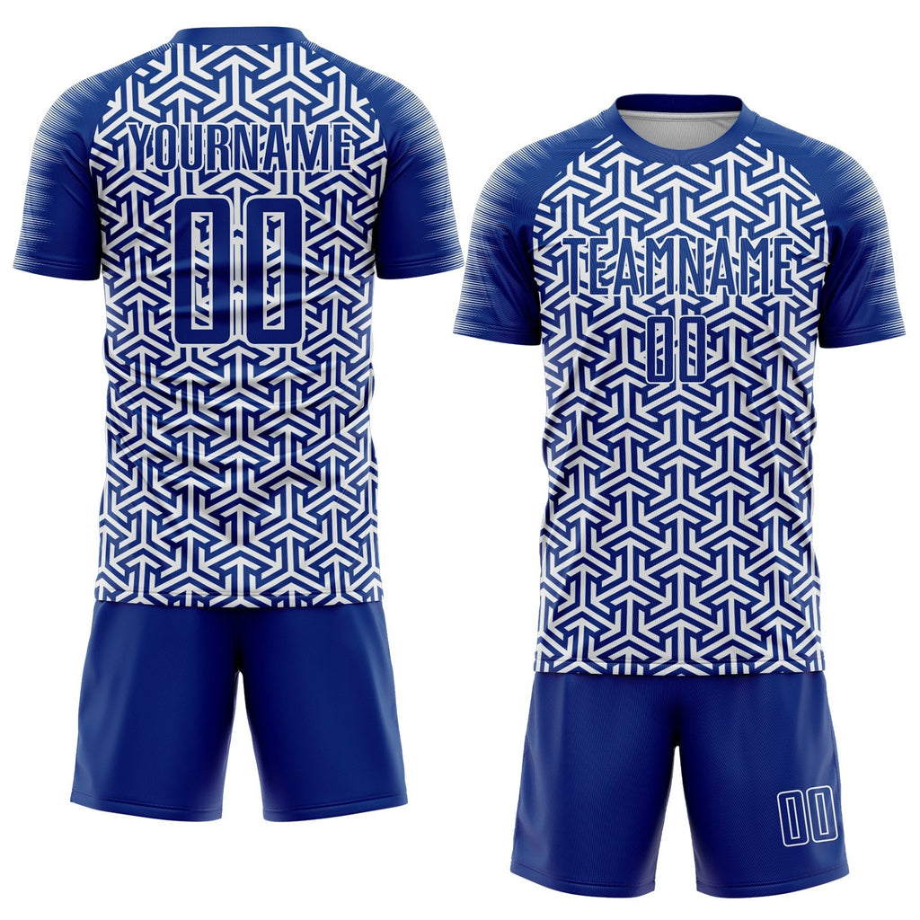 Custom Royal White Geometric Arrow Sublimation Soccer Uniform Jersey photo 2