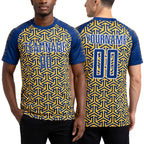 Custom Royal Yellow-White Geometric Arrow Sublimation Soccer Uniform Jersey worn front and back