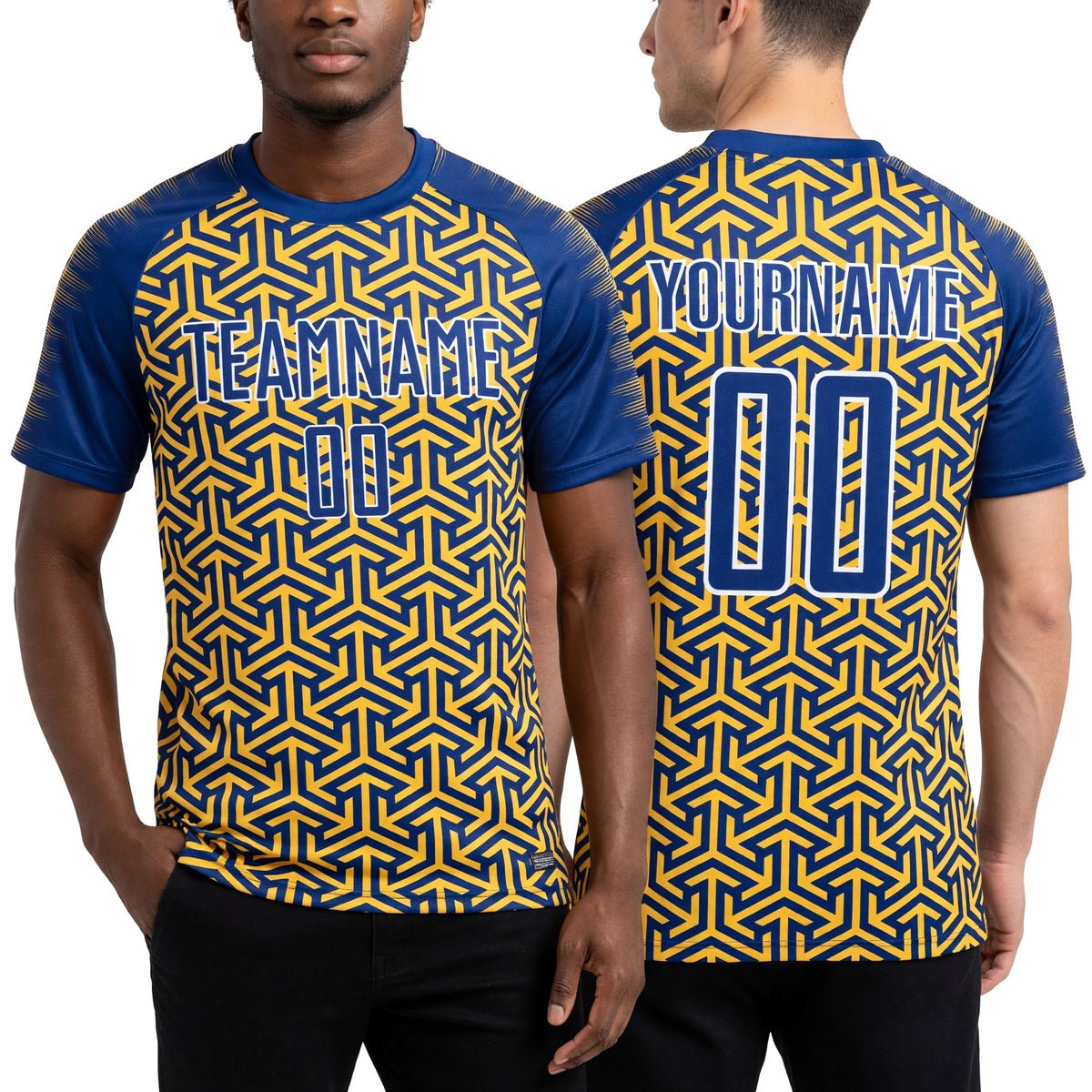 Custom Royal Yellow-White Geometric Arrow Sublimation Soccer Uniform Jersey worn front and back