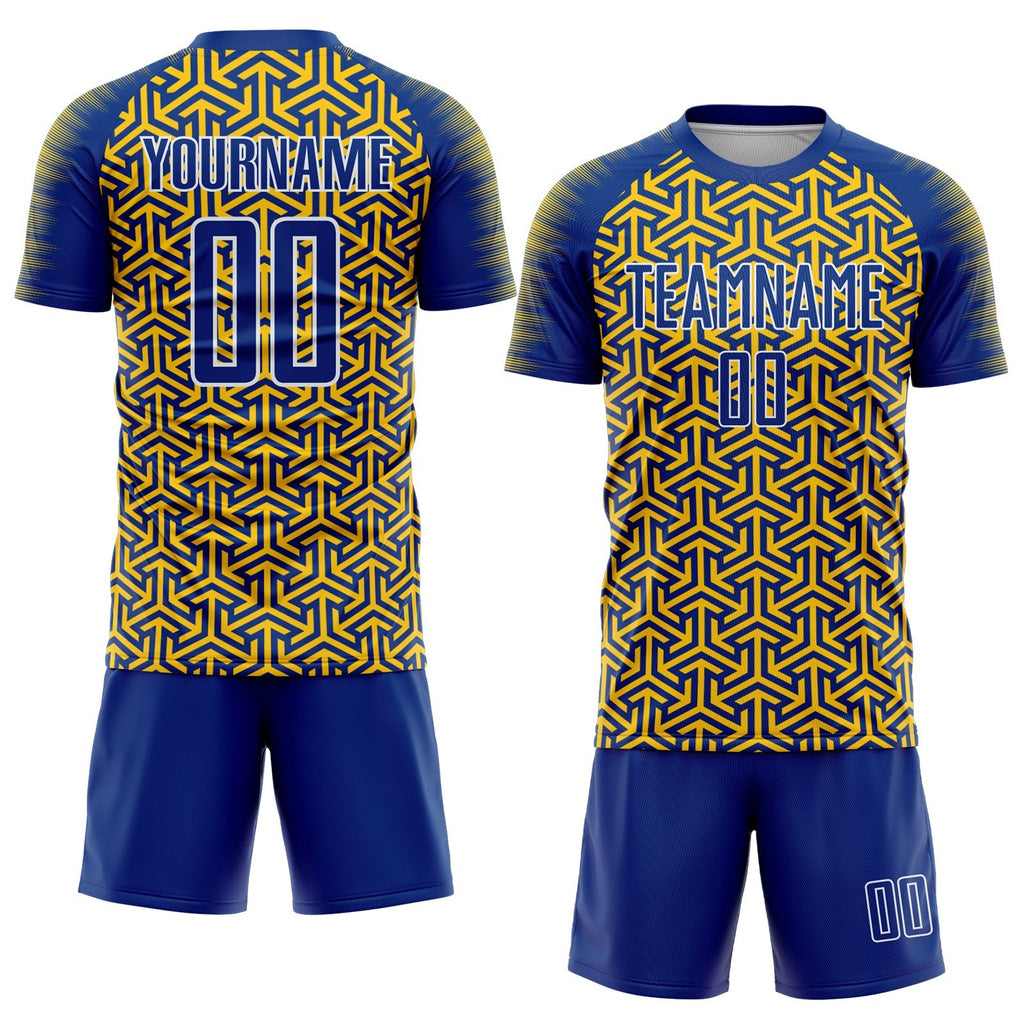 Custom Royal Yellow-White Geometric Arrow Sublimation Soccer Uniform Jersey photo 2