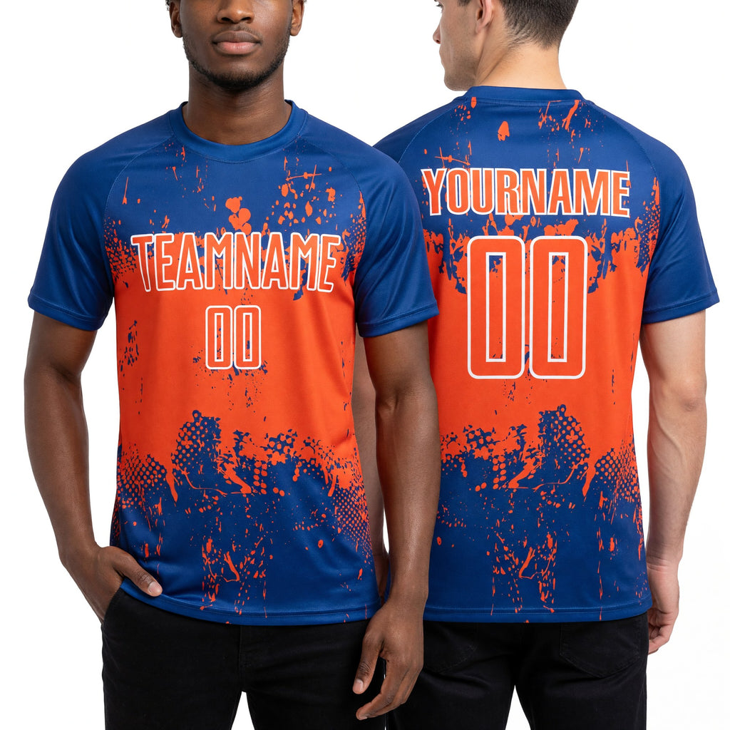 Custom Royal Orange-White Abstract Splatter Grunge Art Sports Sublimation Soccer Uniform Jersey worn front and back