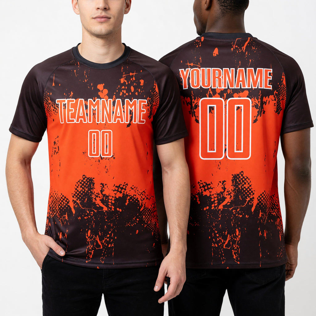 Custom Brown Orange-White Abstract Splatter Grunge Art Sports Sublimation Soccer Uniform Jersey worn front and back