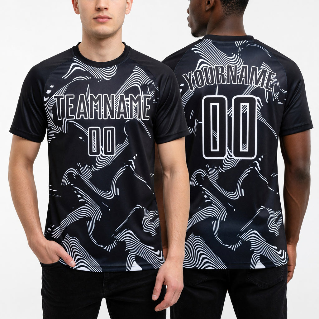Custom Black White Curve Lines Sports Sublimation Soccer Uniform Jersey worn front and back