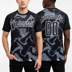 Custom Black White Curve Lines Sports Sublimation Soccer Uniform Jersey worn front and back