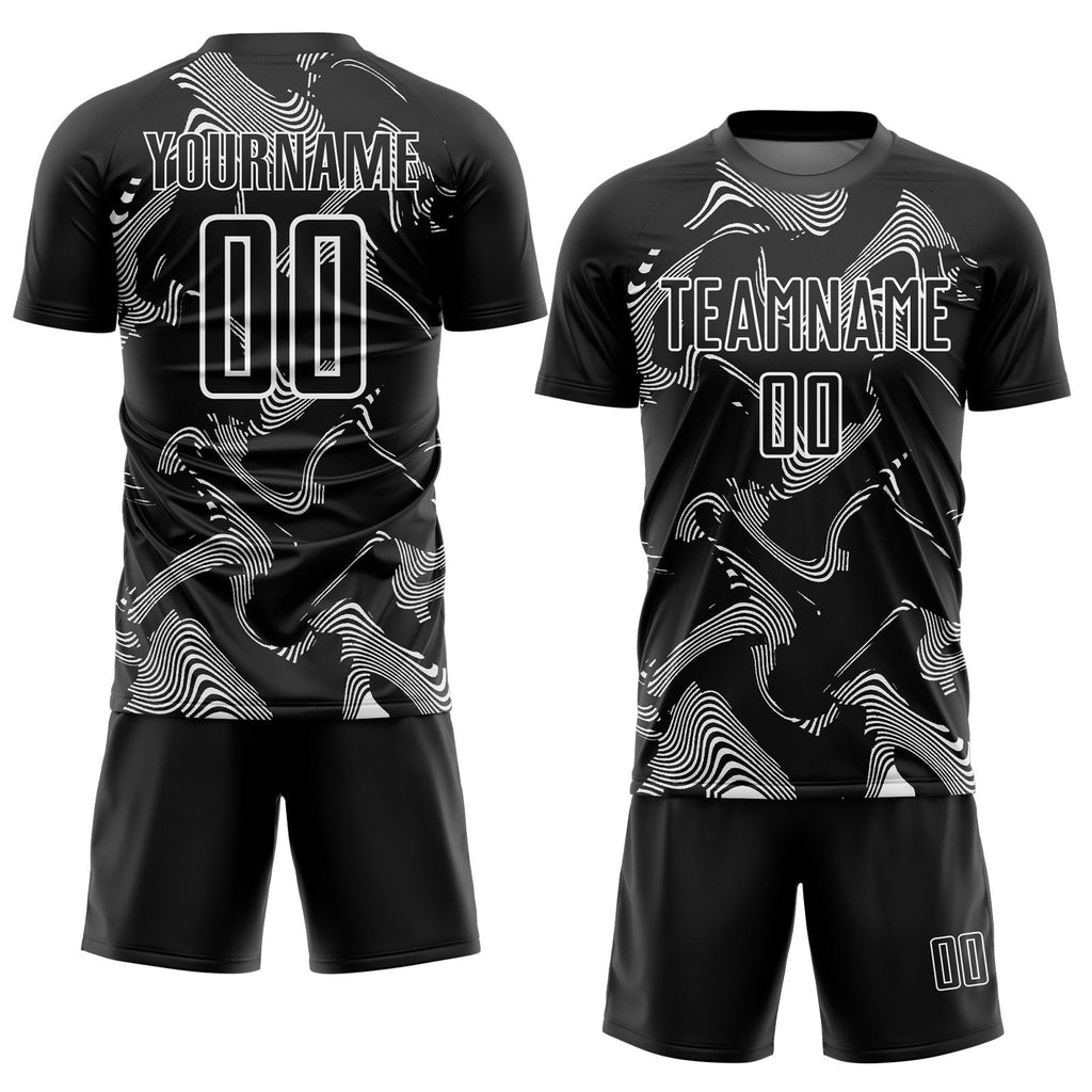 Custom Black White Curve Lines Sports Sublimation Soccer Uniform Jersey photo 2