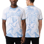 Custom White Light Blue Curve Lines Sports Sublimation Soccer Uniform Jersey worn front and back