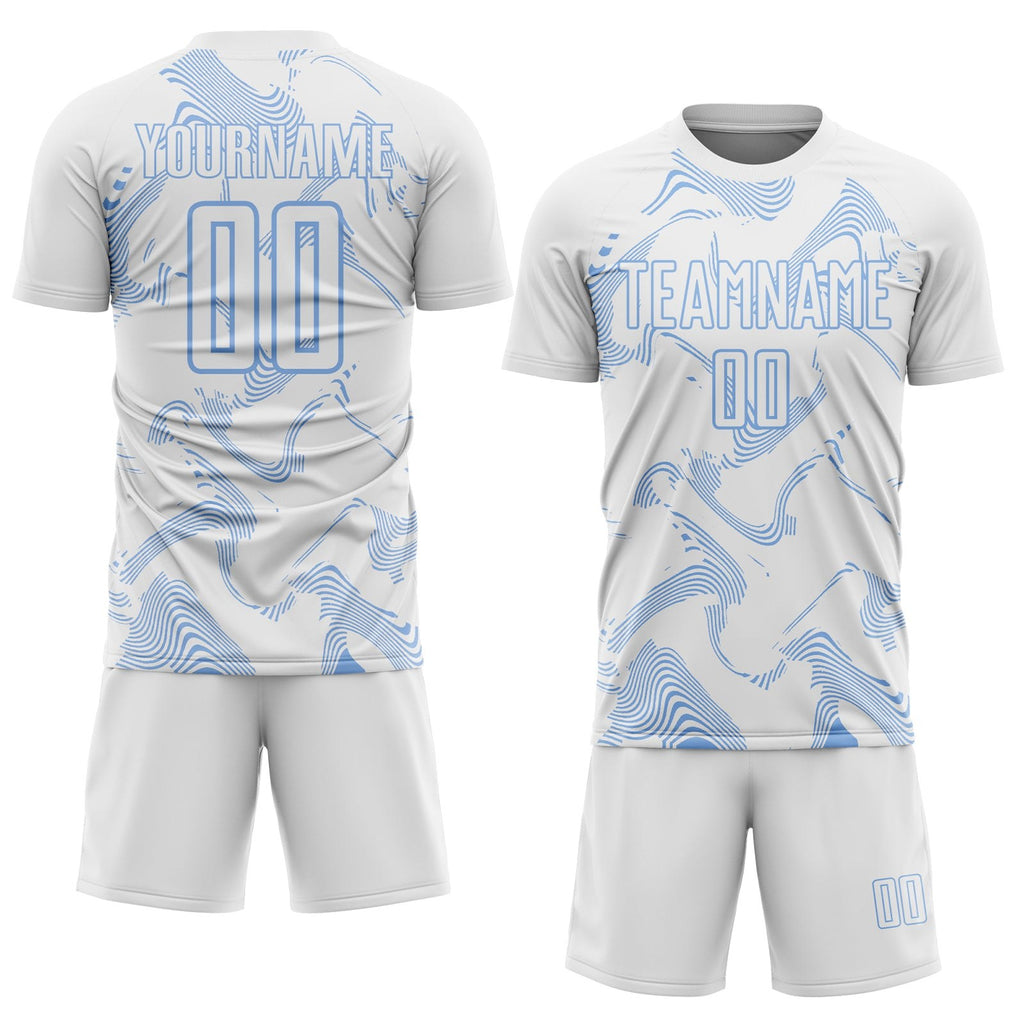 Custom White Light Blue Curve Lines Sports Sublimation Soccer Uniform Jersey photo 2