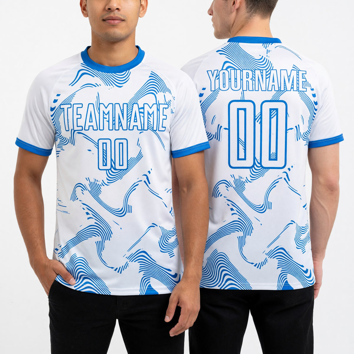 Custom White Powder Blue Curve Lines Sports Sublimation Soccer Uniform Jersey worn front and back