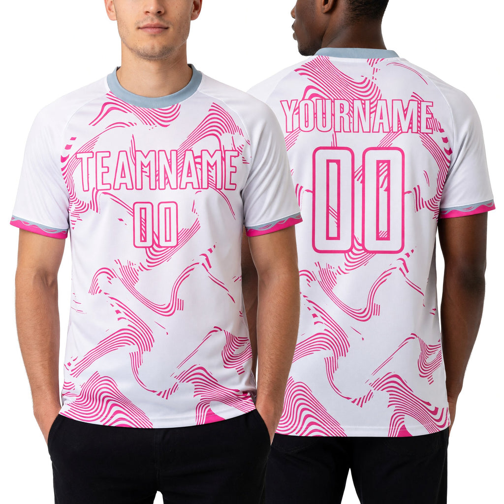 Custom White Pink Curve Lines Sports Sublimation Soccer Uniform Jersey worn front and back
