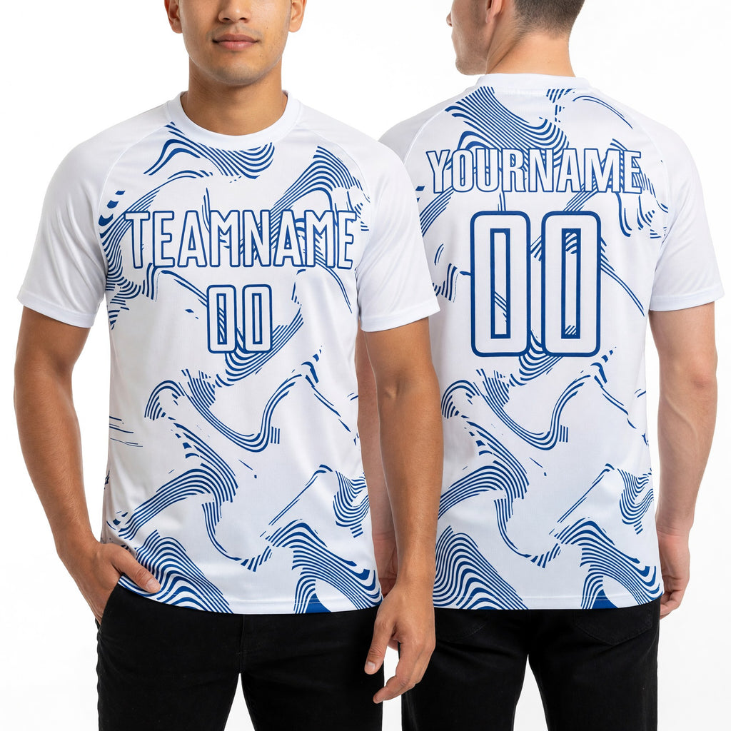 Custom White Royal Curve Lines Sports Sublimation Soccer Uniform Jersey worn front and back