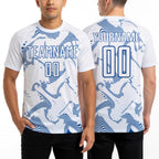 Custom White Royal Curve Lines Sports Sublimation Soccer Uniform Jersey worn front and back