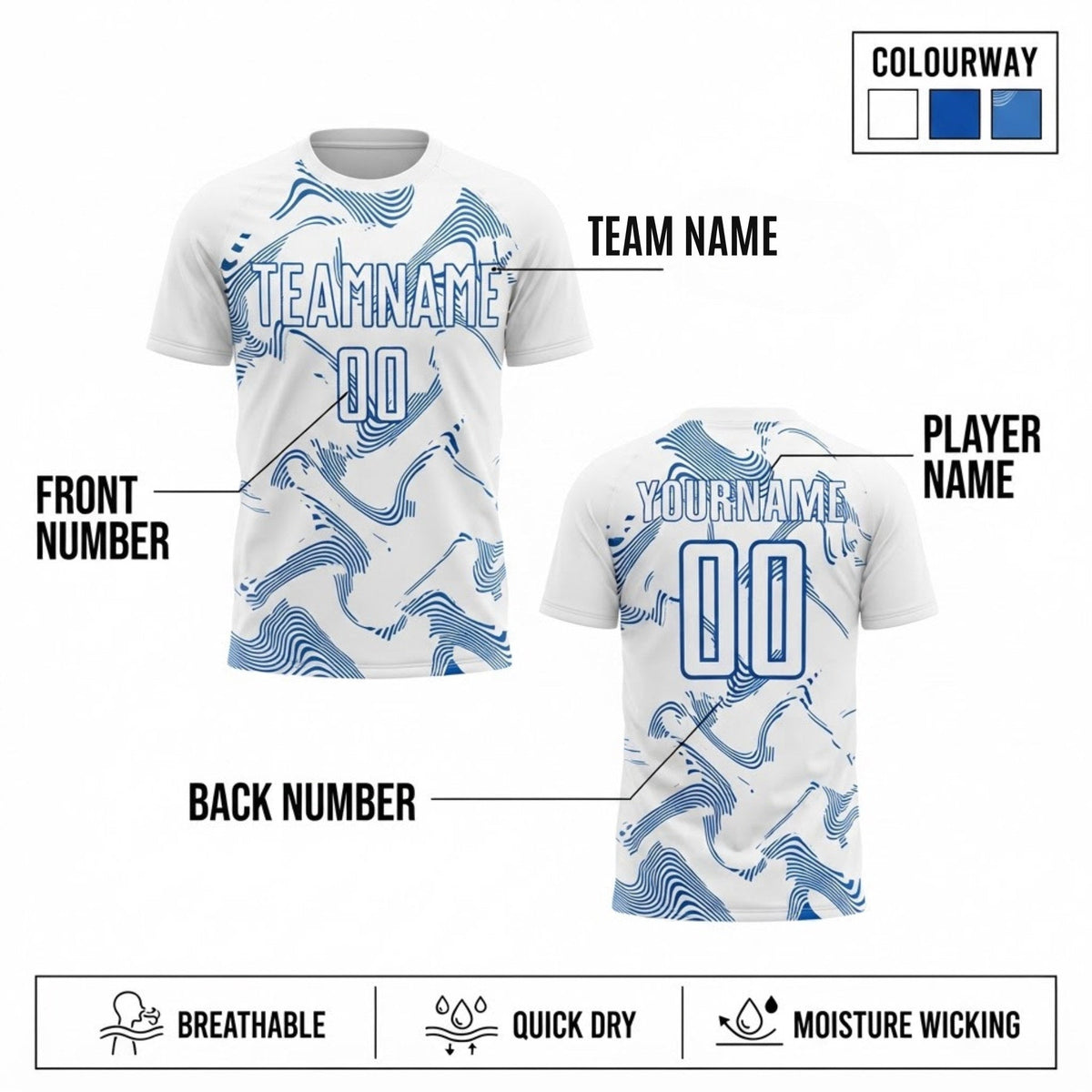 Custom White Curve Lines Sublimated Soccer Jersey with Royal Lettering Design 4179 customization guide