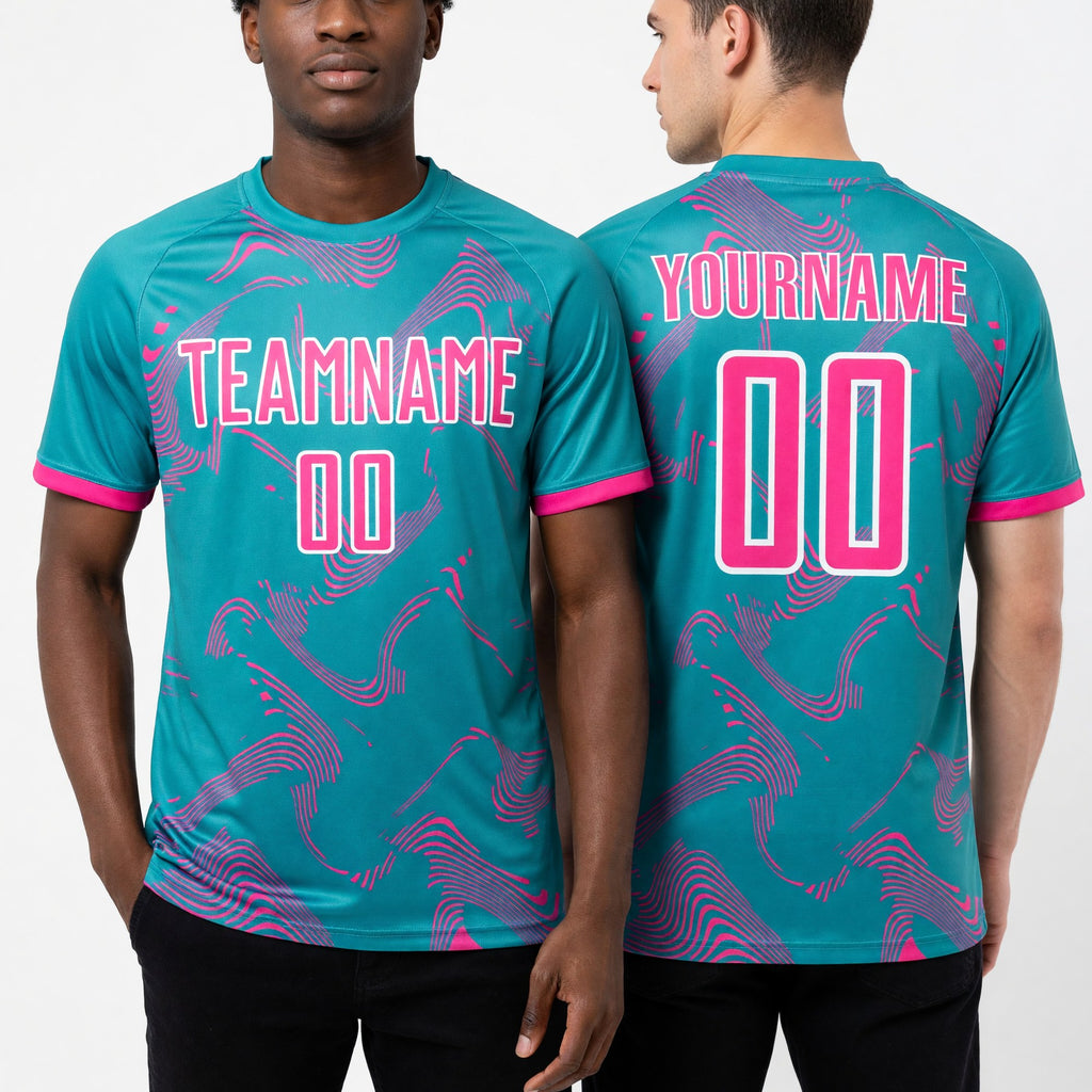 Custom Aqua Pink-White Curve Lines Sports Sublimation Soccer Uniform Jersey worn front and back