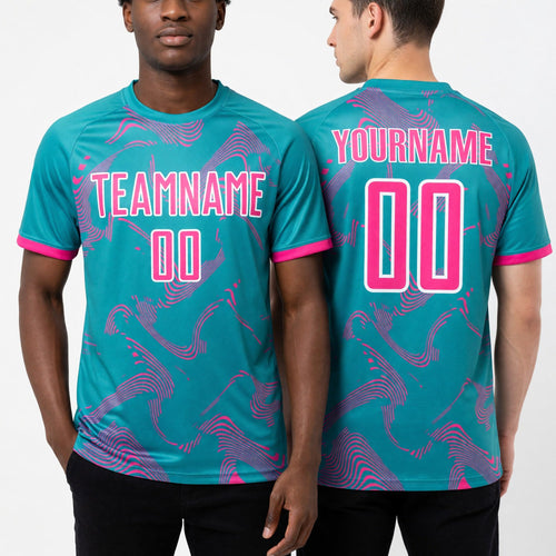 Custom Aqua Pink-White Curve Lines Sports Sublimation Soccer Uniform Jersey worn front and back