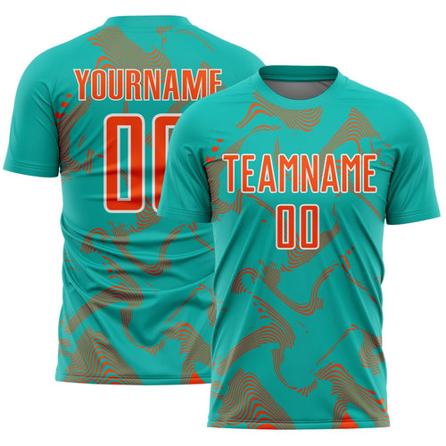 Custom Aqua Orange-White Curve Lines Sports Sublimation Soccer Uniform Jersey