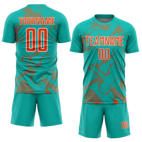 Custom Aqua Orange-White Curve Lines Sports Sublimation Soccer Uniform Jersey photo 2