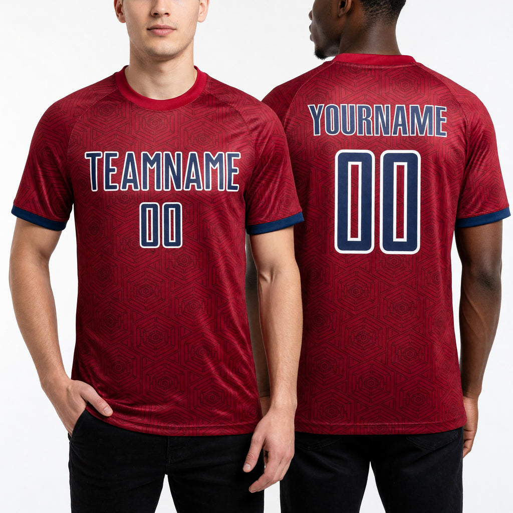 Custom Red Navy-White Geometric Shape Sports Sublimation Soccer Uniform Jersey worn front and back