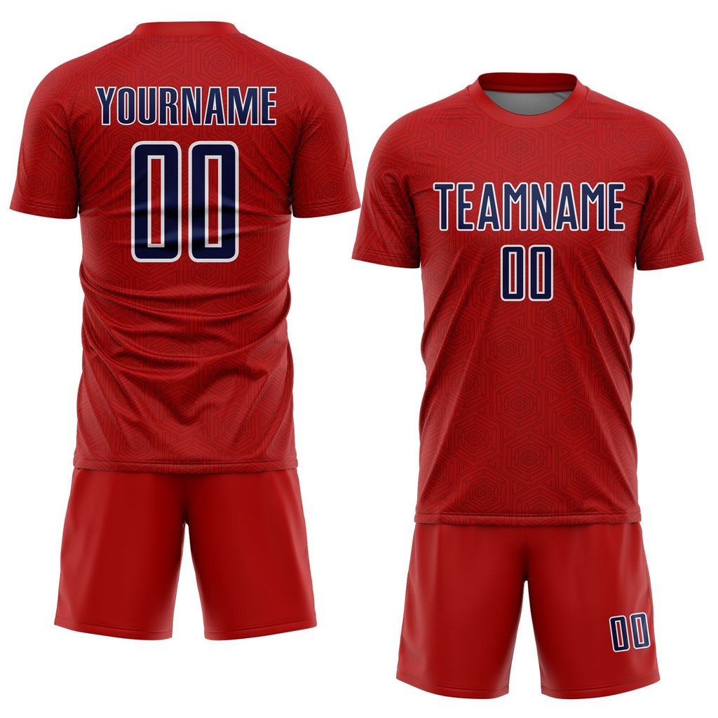 Custom Red Navy-White Geometric Shape Sports Sublimation Soccer Uniform Jersey photo 2