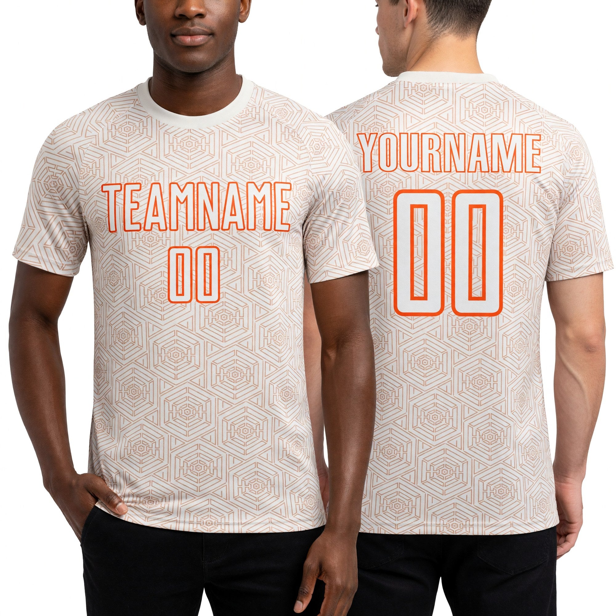 Custom White Orange Geometric Shape Sports Sublimation Soccer Uniform Jersey worn front and back