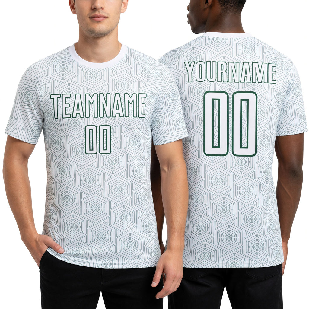 Custom White Green Geometric Shape Sports Sublimation Soccer Uniform Jersey worn front and back